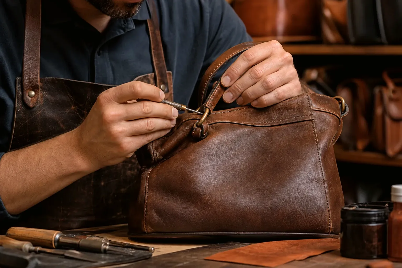 Sapateiro reformando bolsa de couro em Indaiatuba